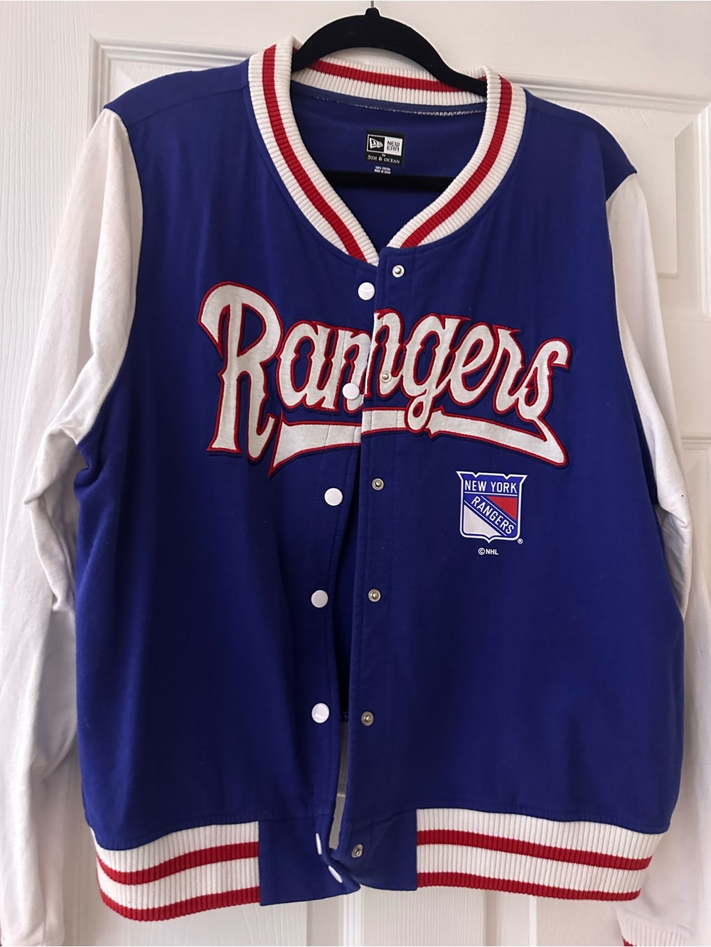 NY  Rangers Varsity Jacket Women’s Large New Era 5th & Ocean Blue NHL Snap Front